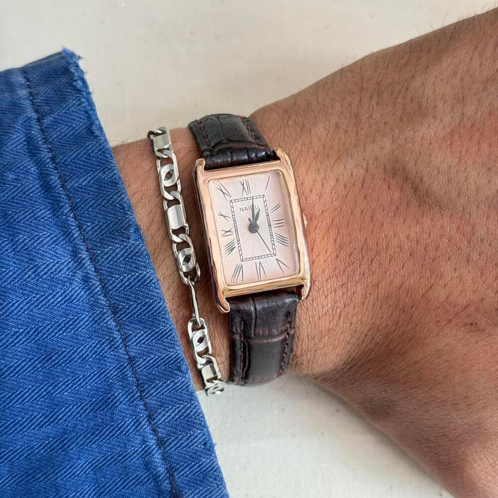 y2k style cute rectangle brown leather luxury gold watch